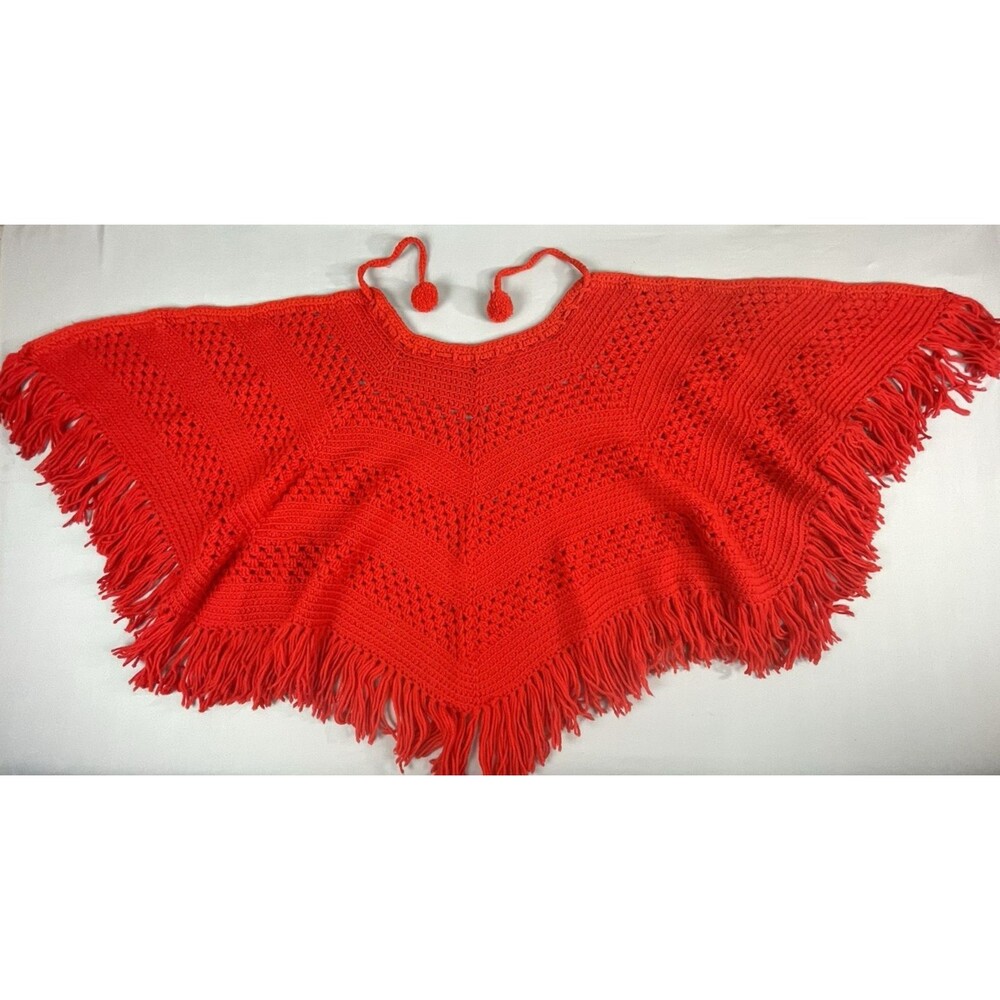 Vintage Large Hand Crochet Poncho Wrap with Fringes Women's Red Iconic Retro